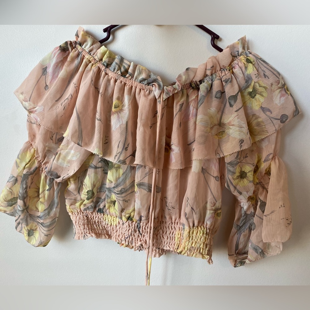 H&M hm Off the Shoulder Ruffle Beige Pink Yellow Floral Print Chiffon Top 2 NWT - Picture 8 of 16